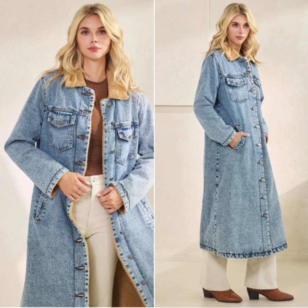 Light Wash Teddy Line Button Down Pockets Denim Jean Long Jacket - Picture 3 of 5